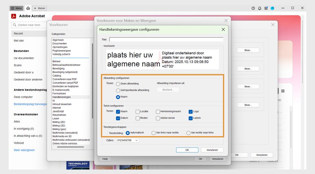 Het dialoogvenster Weergave handtekening configureren geeft verschillende opties weer onder de secties Afbeelding configureren, Tekst configureren en Teksteigenschappen.