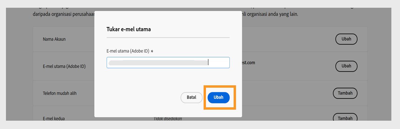 Kotak dialog Sahkan e-mel anda dengan medan untuk memasukkan kod pengesahan dan butang Sahkan yang diserlahkan.