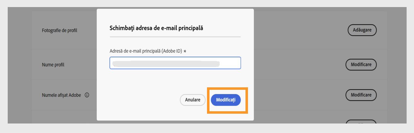 Caseta de dialog Confirmați-vă e-mailul cu un câmp pentru introducerea codului de verificare și butonul Verificare evidențiat.