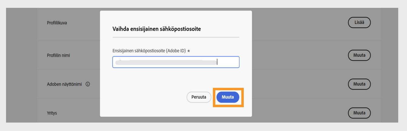 Vahvista sähköpostiosoitteesi -valintaikkuna, jossa on kenttä vahvistuskoodin syöttämistä varten ja korostettu Vahvista-painike.