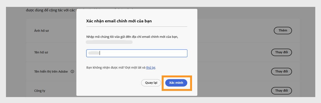 Hộp thoại Xác nhận email của bạn với trường để nhập mã xác minh và nút Xác minh được làm nổi bật.