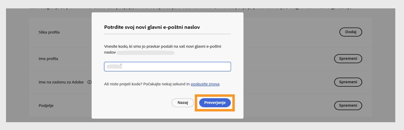 Pogovorno okno Potrdite svoj e-poštni naslov s poljem za vnos kode za preverjanje in označenim gumbom Preveri.