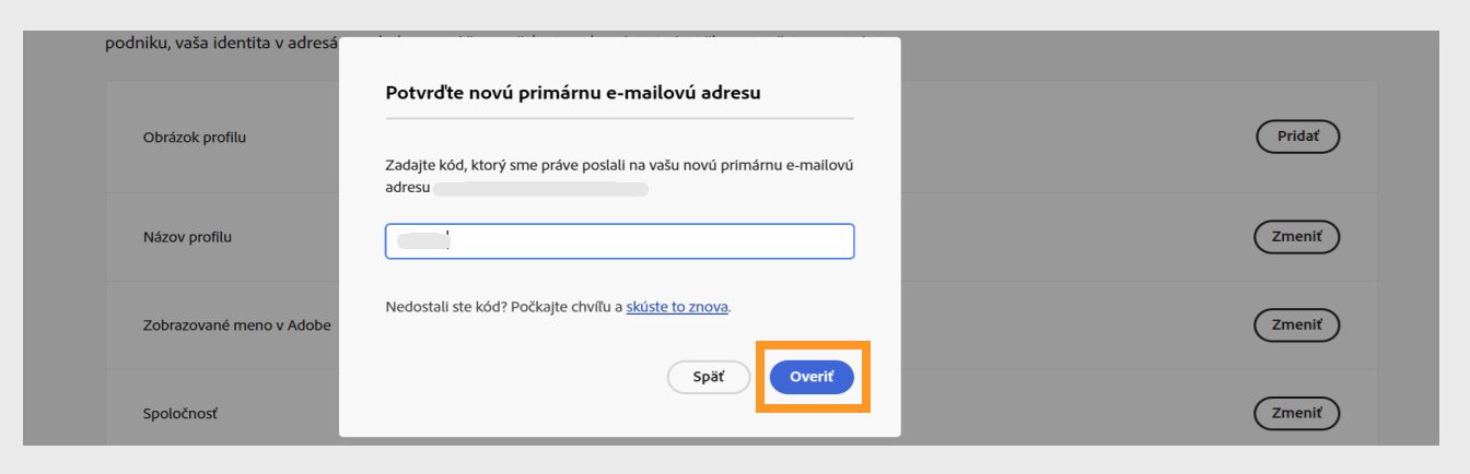 Dialógové okno Potvrdiť váš e-mail s poľom na zadanie overovacieho kódu a zvýrazneným tlačidlom Overiť.