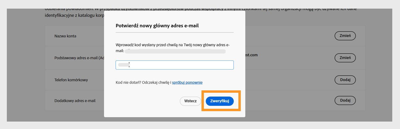 Okno dialogowe Potwierdź swój adres e-mail z polem do wprowadzenia kodu weryfikacyjnego i wyróżnionym przyciskiem Weryfikuj.