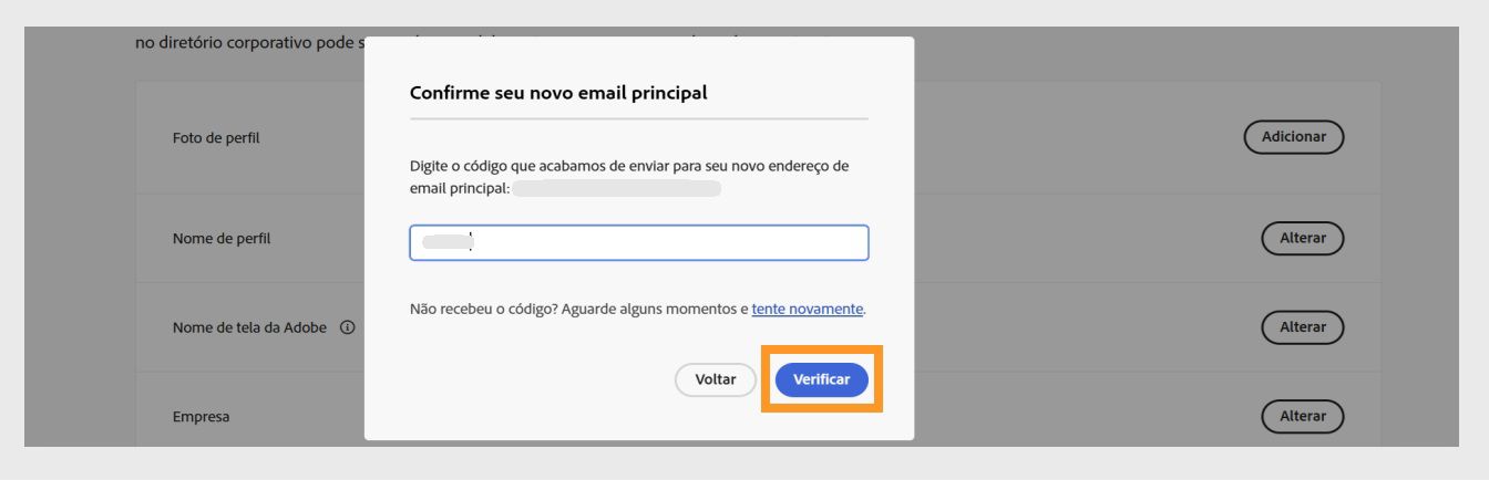 A caixa de diálogo Confirmar seu endereço de email com um campo para inserir o código de verificação e o botão Verificar destacado.