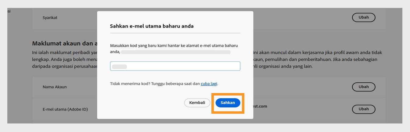 Kotak dialog Sahkan e-mel anda dengan medan untuk memasukkan kod pengesahan dan butang Sahkan yang diserlahkan.