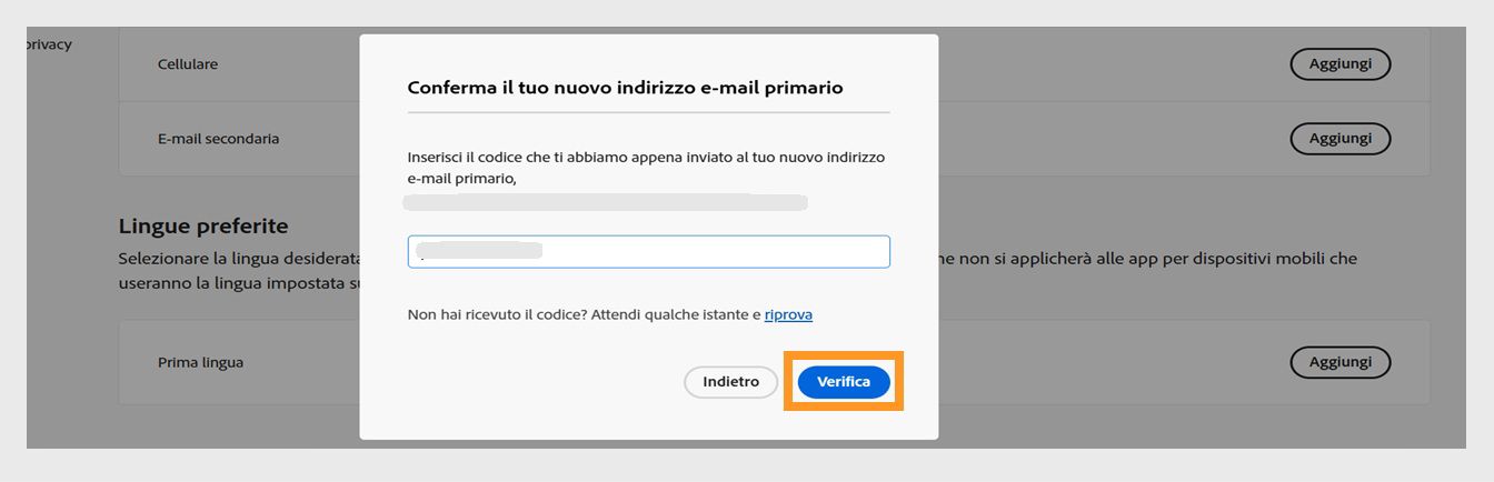 La finestra di dialogo Conferma il tuo indirizzo e-mail con un campo per inserire il codice di verifica e il pulsante Verifica evidenziato.