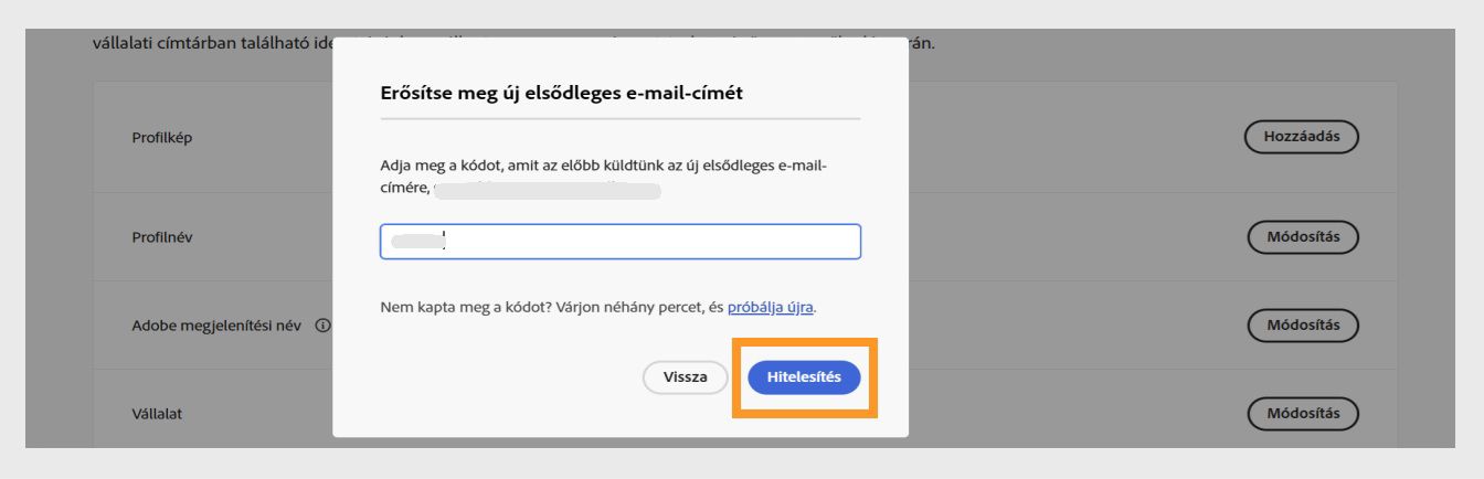 Az E-mail-cím megerősítése párbeszédpanel egy mezővel az ellenőrző kód megadásához és a kiemelt Ellenőrzés gombbal.