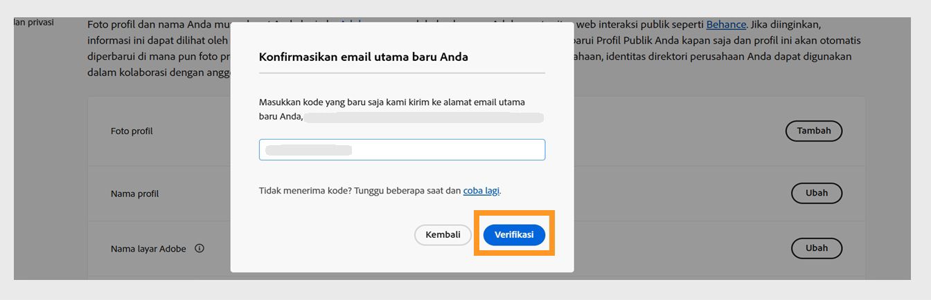 Kotak dialog Konfirmasi email Anda dengan kolom untuk memasukkan kode verifikasi dan tombol Verifikasi yang disorot.