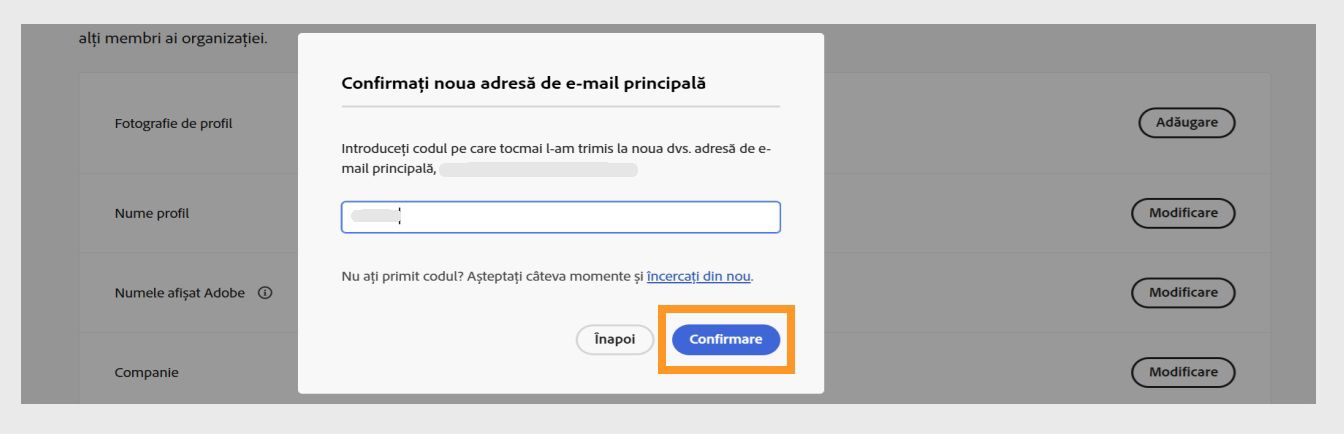 Caseta de dialog Confirmați-vă e-mailul cu un câmp pentru introducerea codului de verificare și butonul Verificare evidențiat.