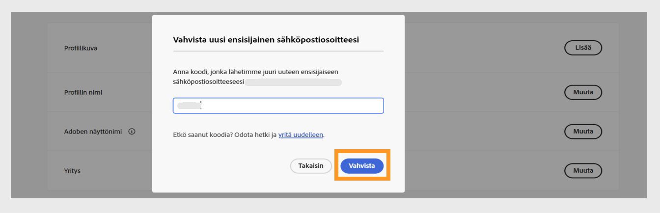 Vahvista sähköpostiosoitteesi -valintaikkuna, jossa on kenttä vahvistuskoodin syöttämistä varten ja korostettu Vahvista-painike.
