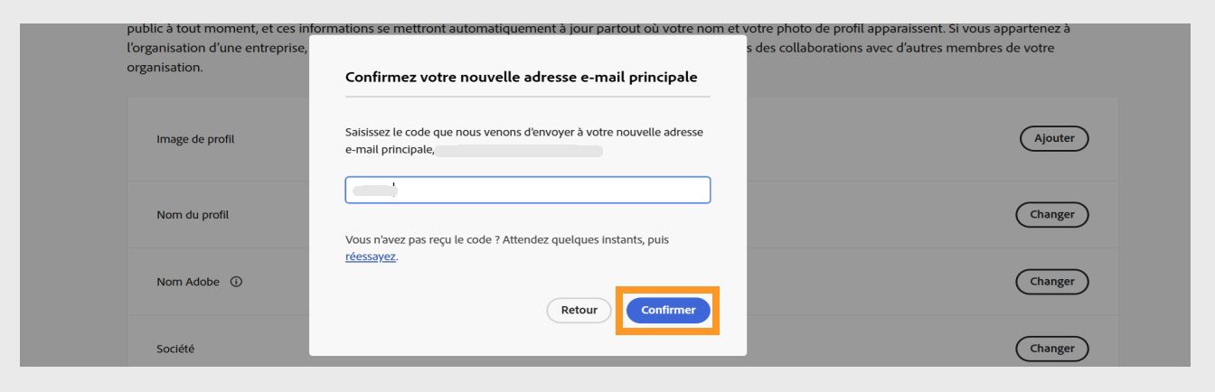 La boîte de dialogue Confirmez votre adresse e-mail avec un champ pour saisir le code de vérification et le bouton Vérifier mis en surbrillance.