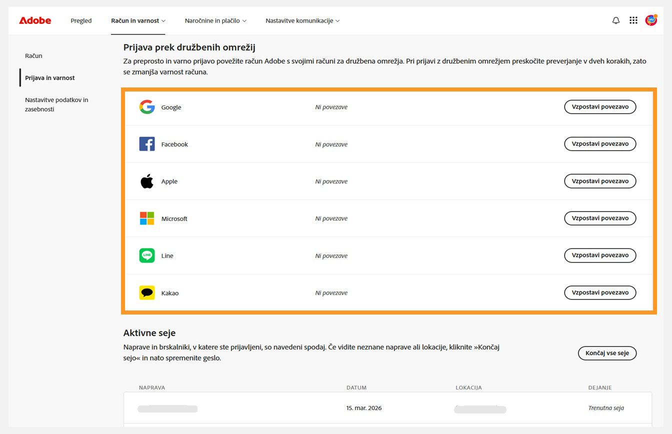 Gumbi za povezavo, ki so na voljo na desni strani zaslona pod možnostjo Prijava prek družbenih omrežij, omogočajo povezovanje računov družbenih omrežij z računom Adobe. 