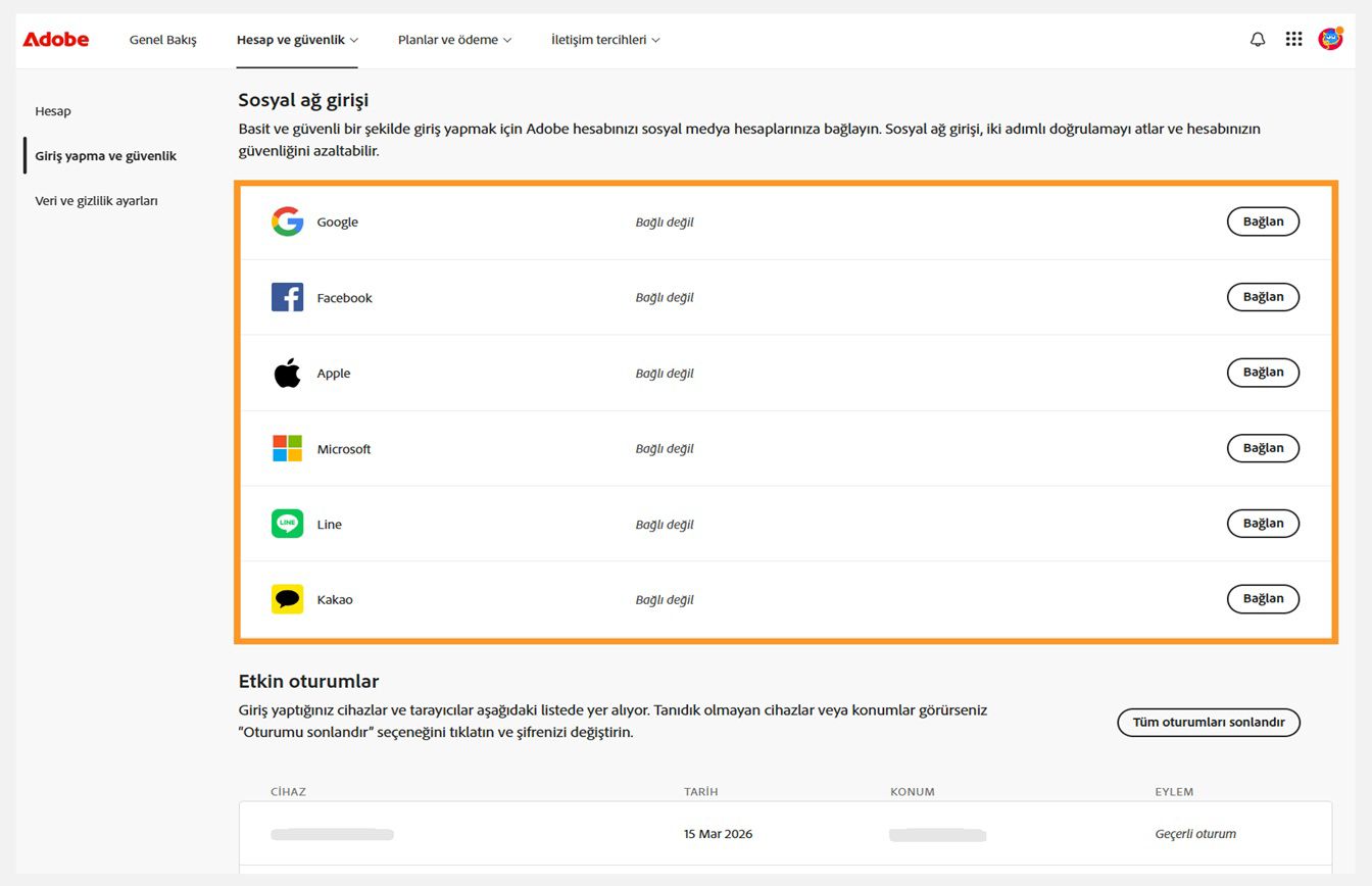 Ekranın sağ tarafında Sosyal medya ile oturum açma altında bulunan Bağlan düğmeleri, sosyal medya hesaplarınızı Adobe hesabınıza bağlamanızı sağlar. 