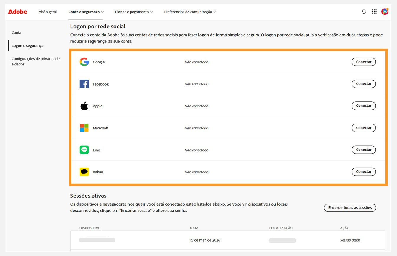 Os botões Conectar, disponíveis no lado direito da tela em Fazer logon social, permitem conectar suas contas de mídia social à sua conta da Adobe.