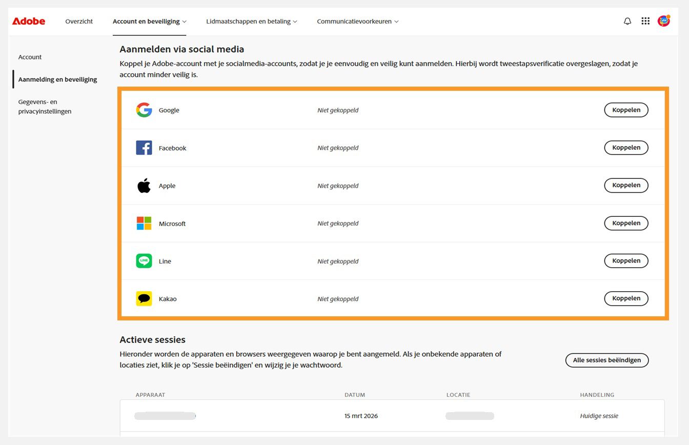 Met de Connect-knoppen, beschikbaar aan de rechterkant van het scherm onder Sociaal aanmelden, kun je je sociale media-accounts koppelen met je Adobe account.