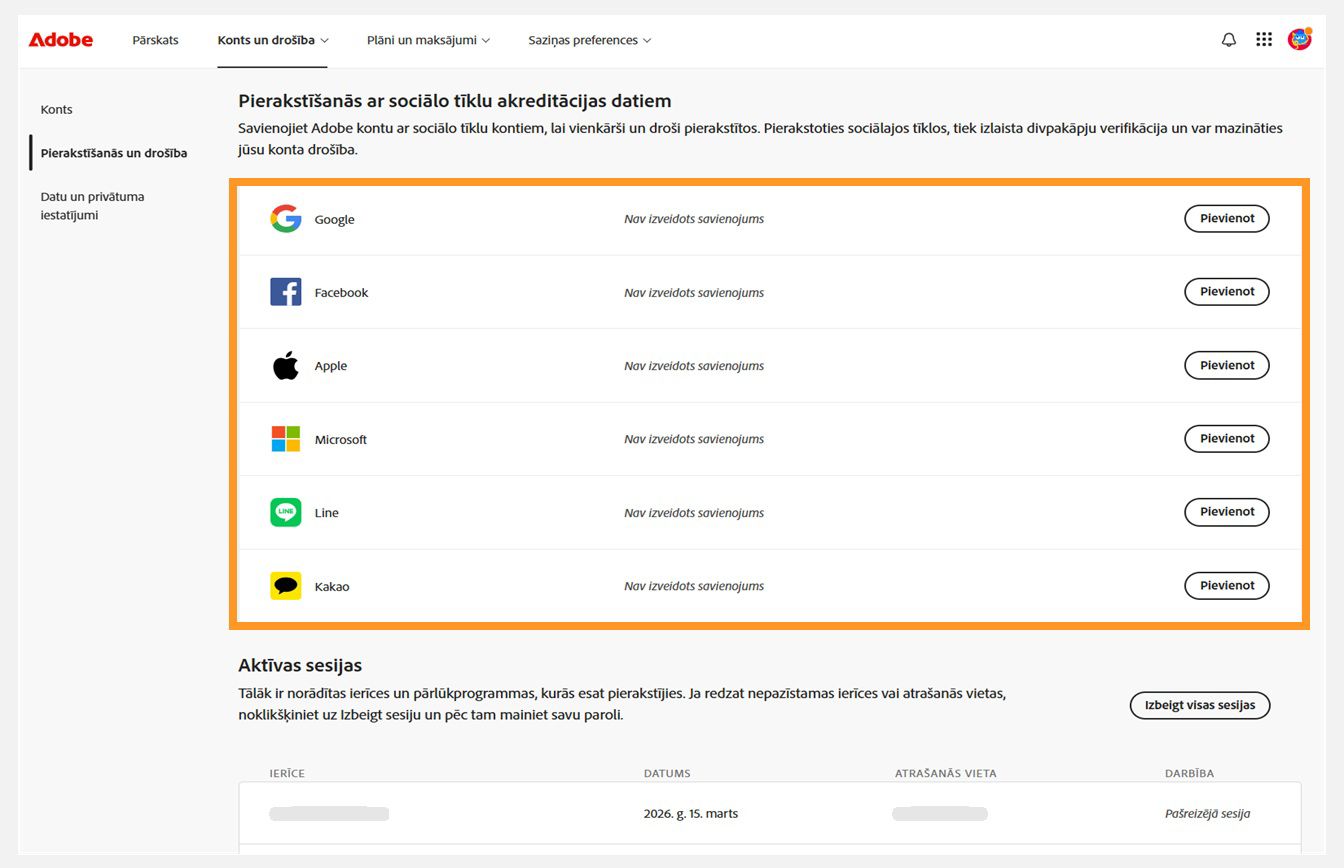 Pogas Savienot, kas pieejamas ekrāna labajā pusē zem Pierakstīšanās ar sociālo tīklu kontu, ļauj savienot sociālo tīklu kontus ar Adobe kontu. 