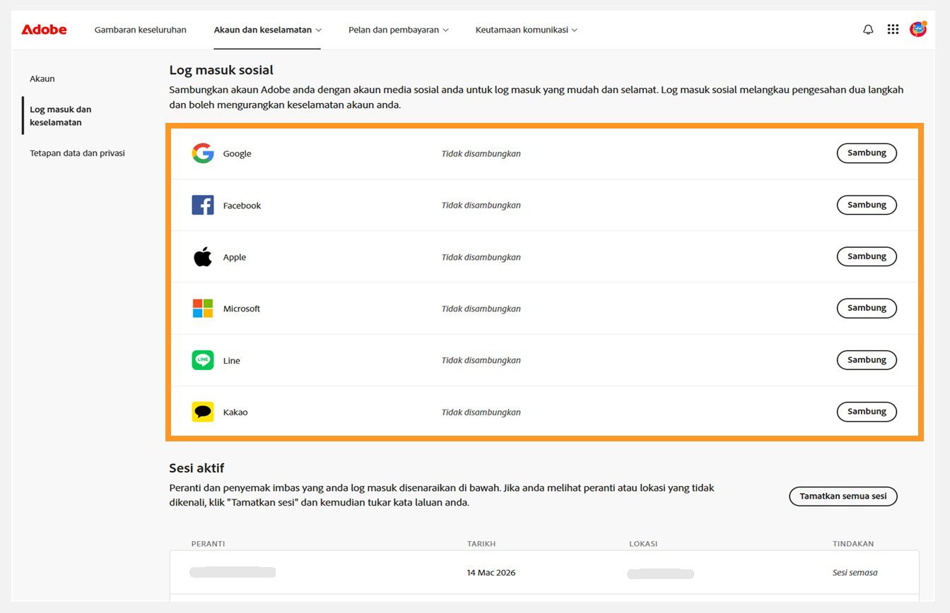 Butang Sambungkan, tersedia di sebelah kanan skrin di bawah Daftar masuk sosial, membolehkan anda menyambungkan akaun media sosial dengan akaun Adobe anda. 