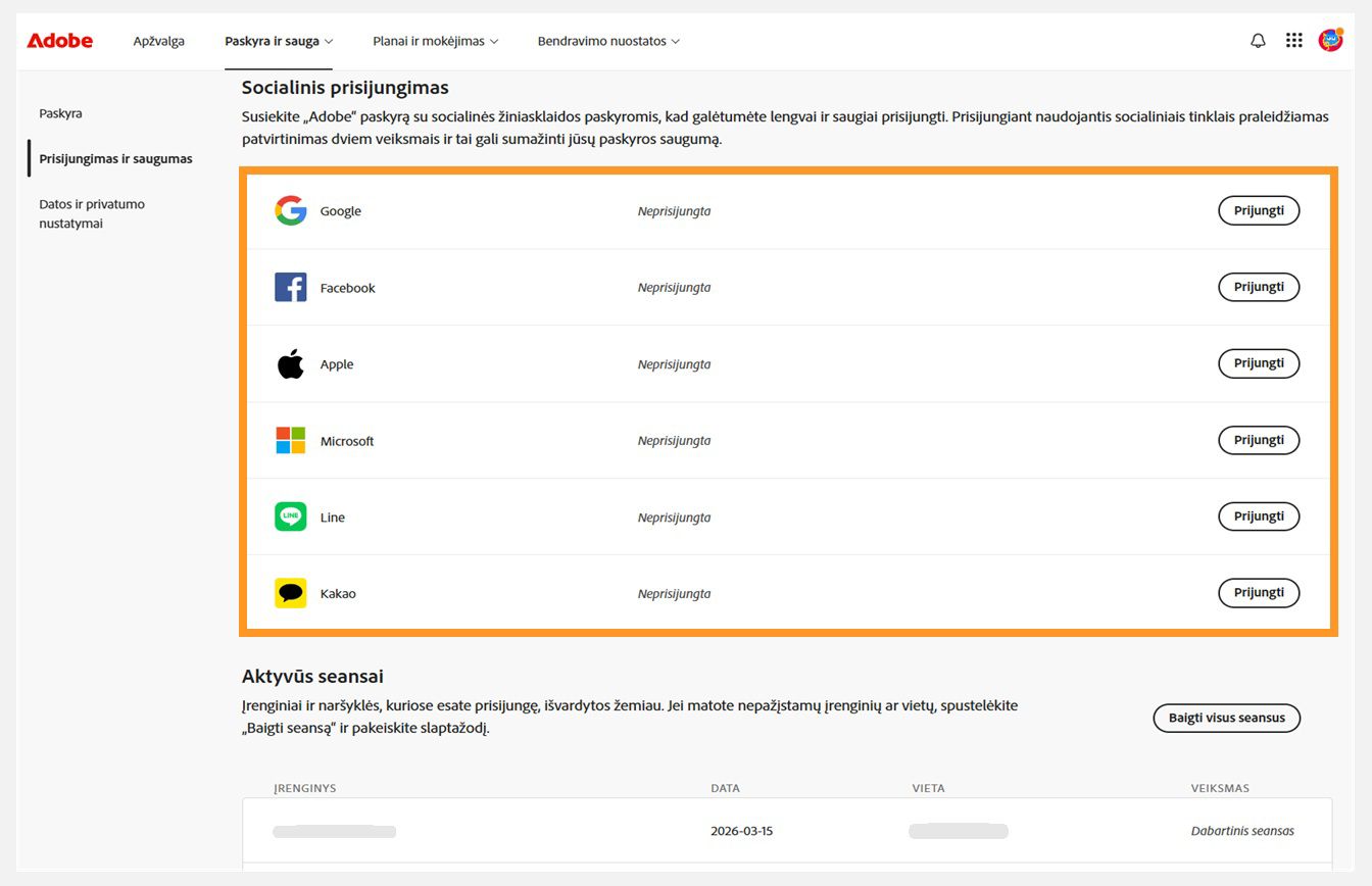Mygtukai „Susieti“, esantys skilties „Prisijungimas naudojant socialinius tinklus“ dešinėje ekrano pusėje, leidžia susieti socialinių tinklų paskyras su „Adobe“ paskyra.