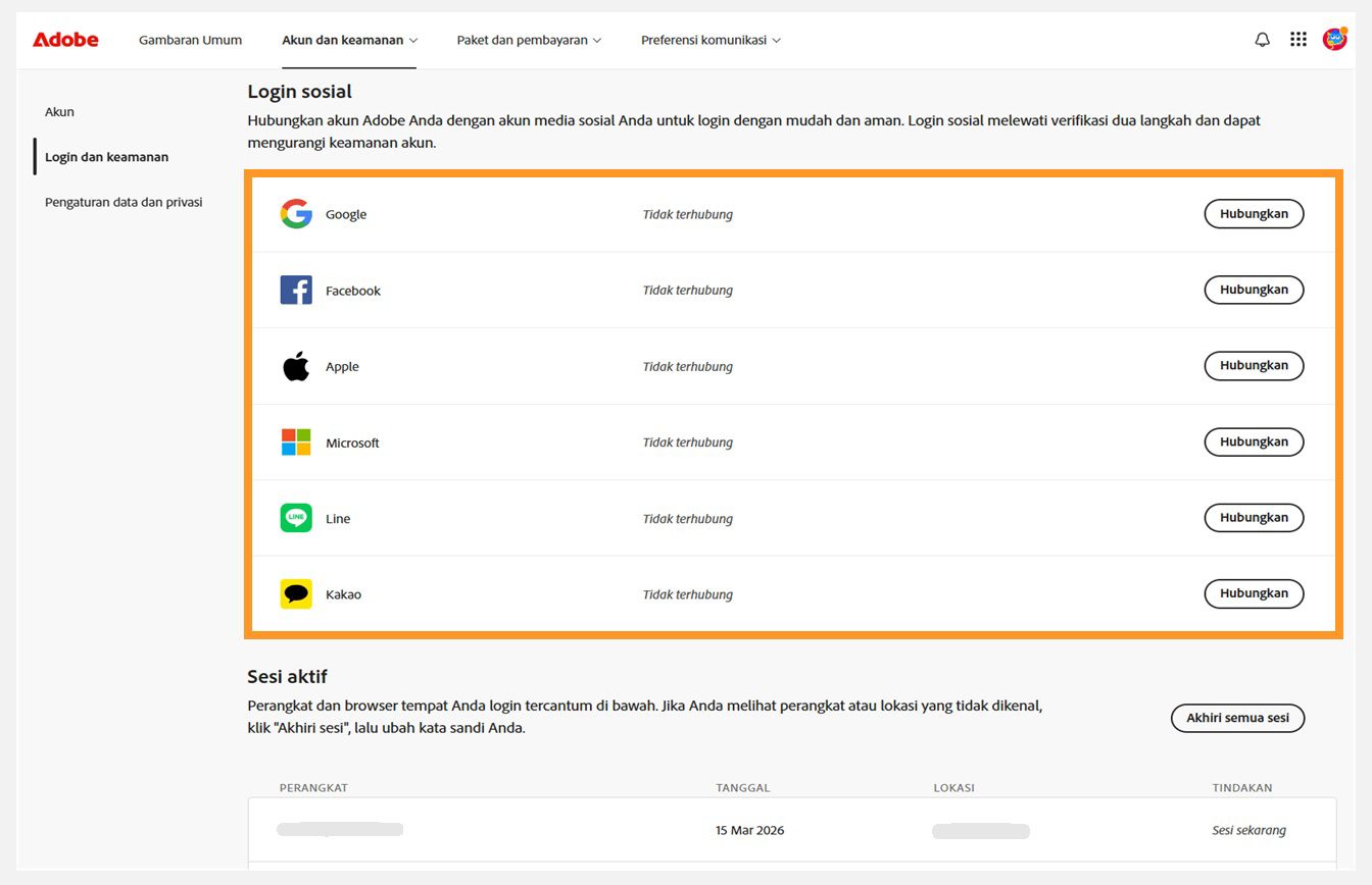 Tombol Hubungkan, tersedia di sisi kanan layar di bawah Login media sosial, memungkinkan Anda menghubungkan akun media sosial dengan akun Adobe.