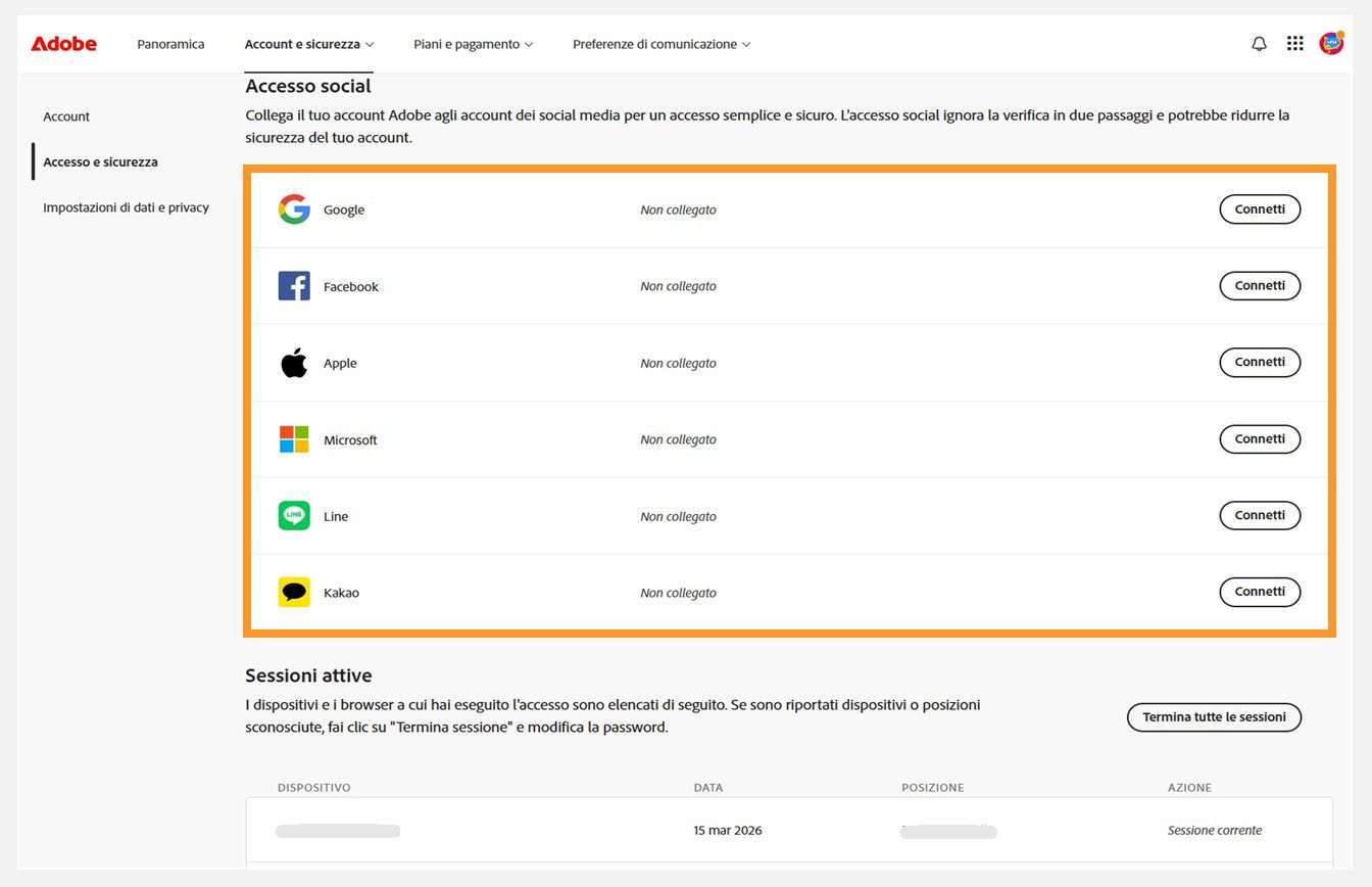 I pulsanti Connetti, disponibili sul lato destro dello schermo sotto Accesso social, consente di connettere i tuoi account social media dal tuo account Adobe. 