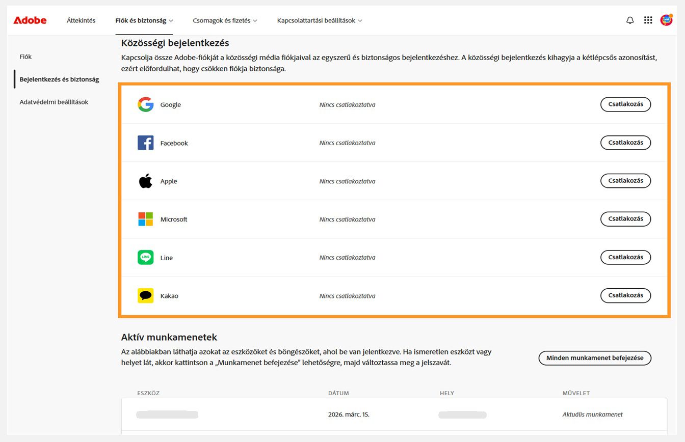 A képernyő jobb oldalán, a Közösségi bejelentkezés alatt található Csatlakozás gombokkal összekapcsolhatja közösségi média fiókjait az Adobe-fiókjával.
