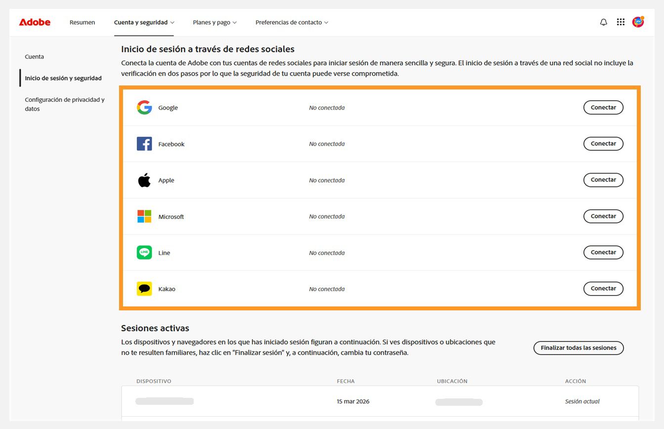 Los botones Conectar, disponibles en el lado derecho de la pantalla, bajo Inicio de sesión mediante red social, le permiten conectar sus cuentas de redes sociales a su cuenta de Adobe. 