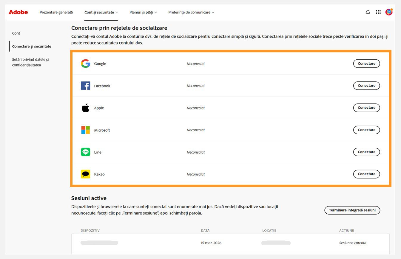 Butoanele Conectare, disponibile în partea dreaptă a ecranului, sub Conectare cu cont social, vă permit să vă conectați conturile de rețele de socializare la contul Adobe. 