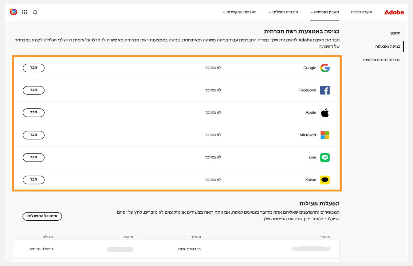 לחצני Connect, הזמינים בצד הימני של המסך תחת Social sign-in, מאפשרים לכם לחבר את חשבונות המדיה החברתית לחשבון של Adobe. 