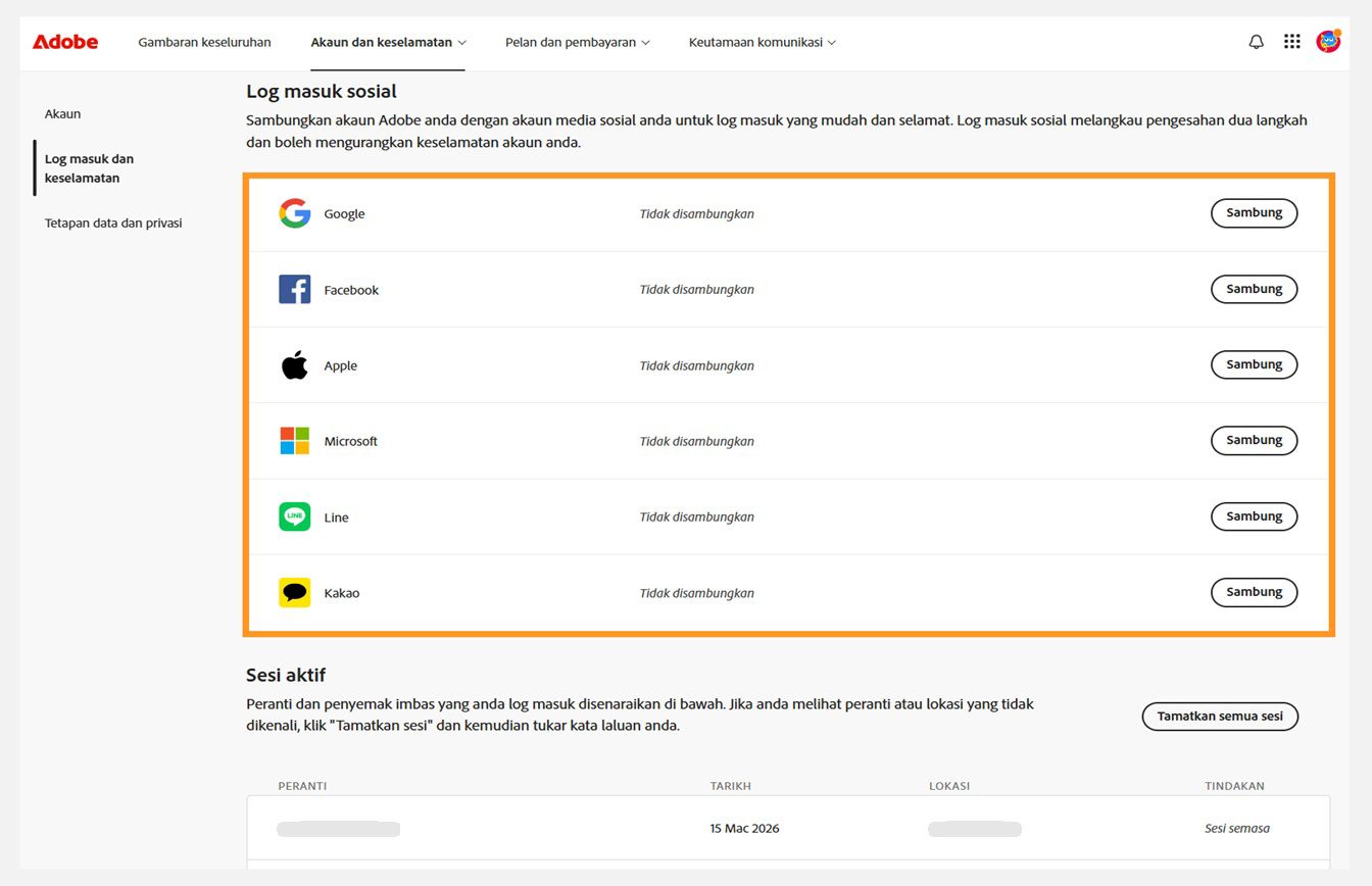 Tlačítka Připojit, která jsou k dispozici na pravé straně obrazovky v části Přihlášení přes sociální sítě, umožňuje připojit účty sociálních sítí k účtu Adobe. 