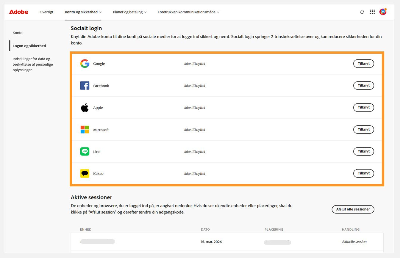Knapperne Tilknyt, der er tilgængelige i højre side af skærmen under Log ind på konto til socialt netværk, giver dig mulighed for at knytte dine sociale mediekonti til din Adobe-konto.