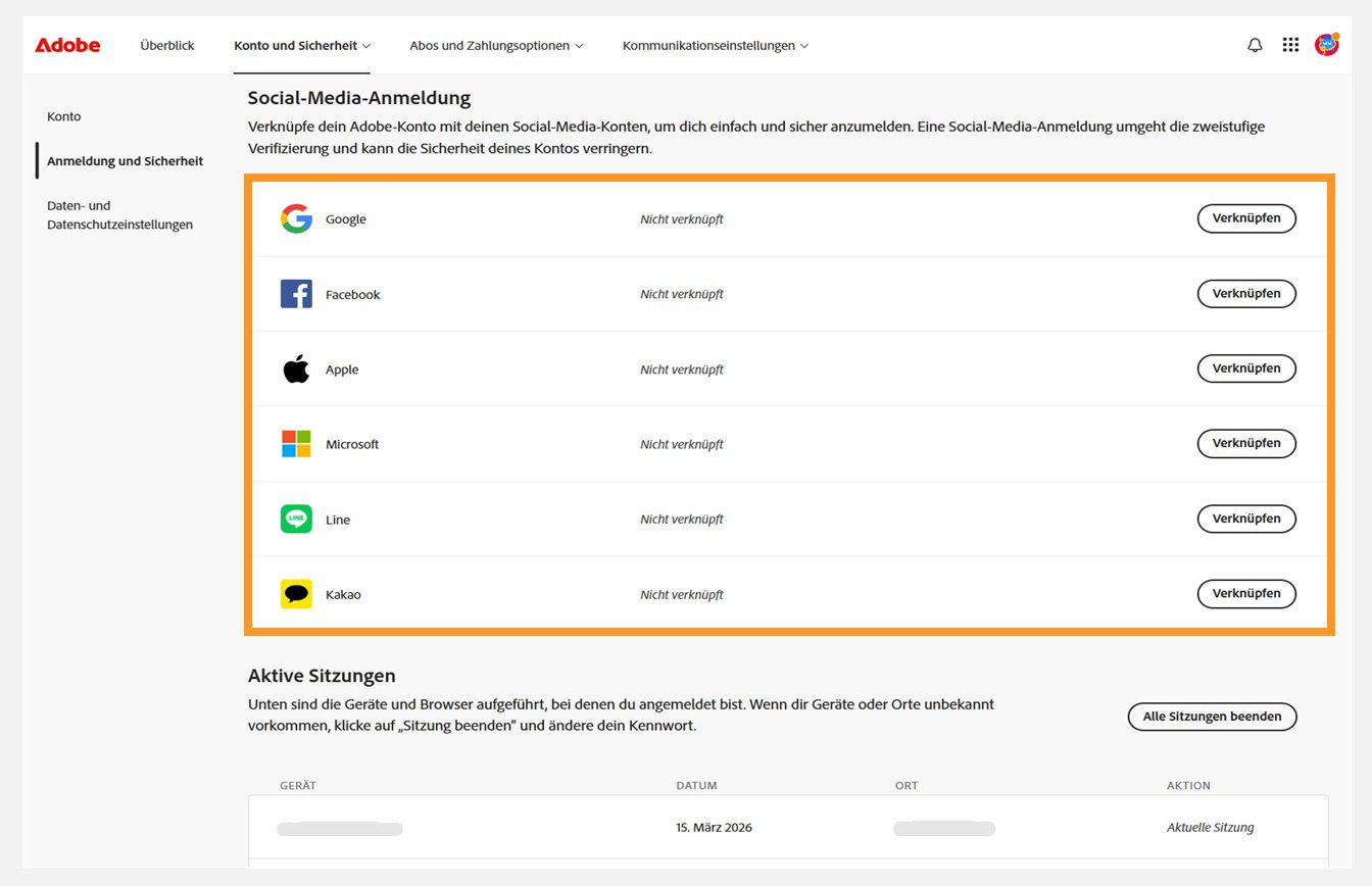 Die Schaltflächen „Connect“, die auf der rechten Seite des Bildschirms unter „Social-Anmeldung" verfügbar sind, ermöglichen es dir, deine Social Media-Konten mit deinem Adobe-Konto zu verknüpfen. 