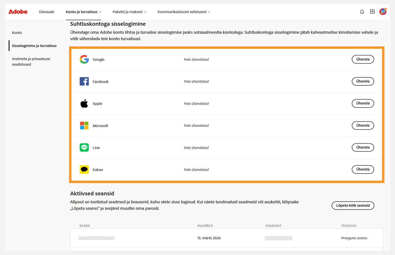 Nupud Ühenda, mis on saadaval ekraani paremal küljel jaotises Sotsiaalmeedia sisselogimine, võimaldavad teil ühendada oma sotsiaalmeedia kontosid Adobe kontoga. 