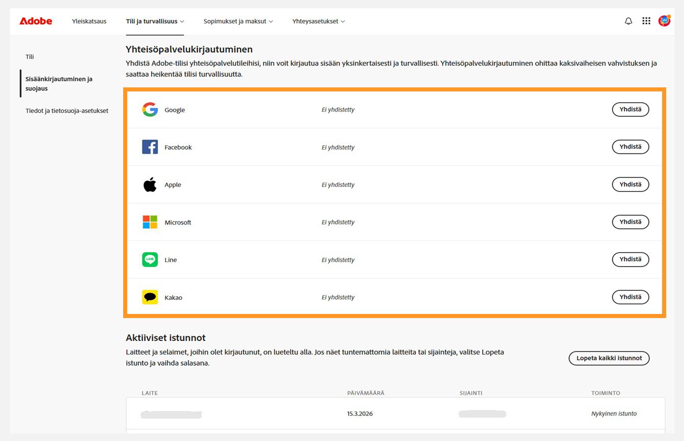 Näytön oikealla puolella olevan Yhteisöpalvelukirjautuminen-osion alapuolella näkyy Yhdistä-painikkeita, joilla voit yhdistää sosiaalisen median tilejä Adobe-tiliisi. 