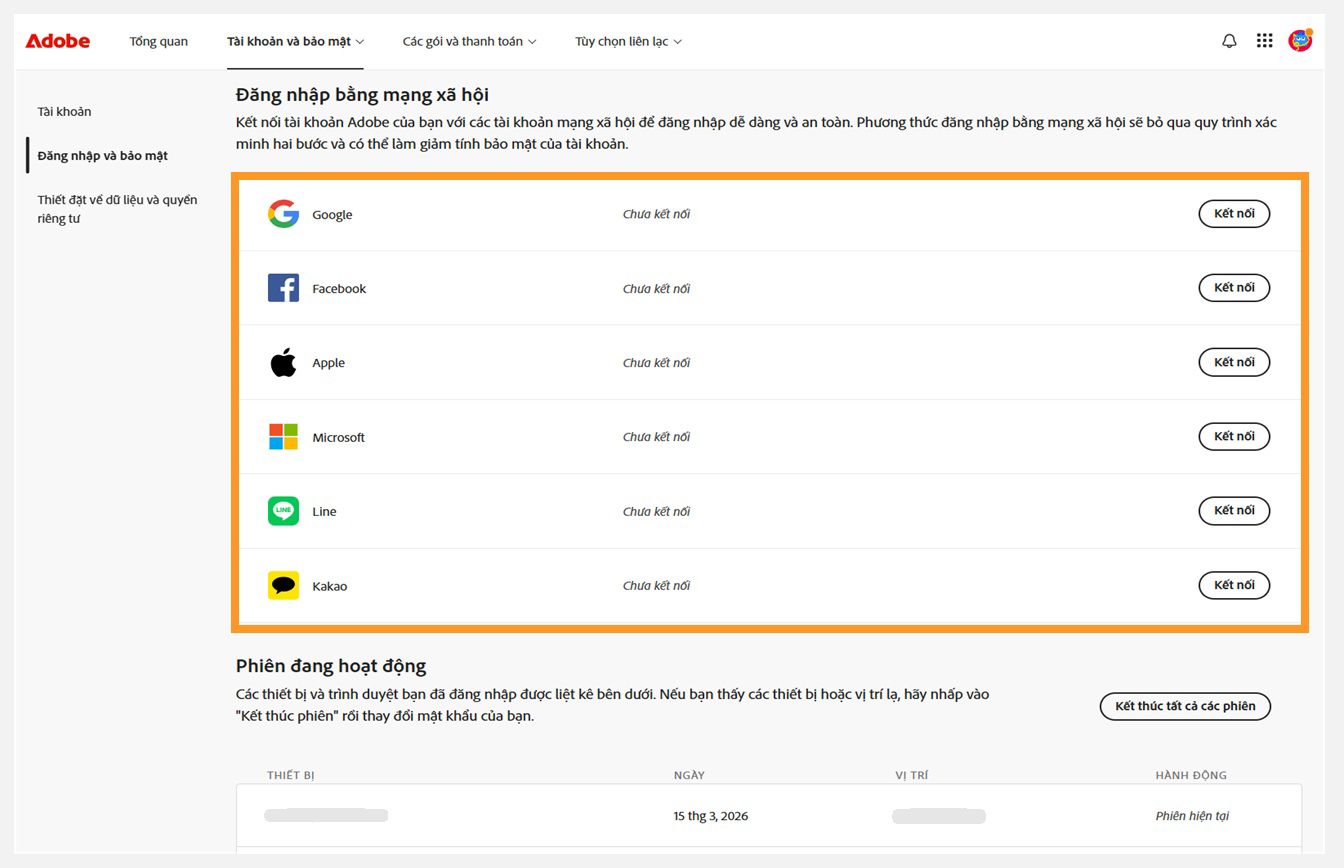 Nút Kết nối ở phía bên phải màn hình dưới mục Đăng nhập mạng xã hội, cho phép bạn kết nối các tài khoản mạng xã hội với tài khoản Adobe của mình. 