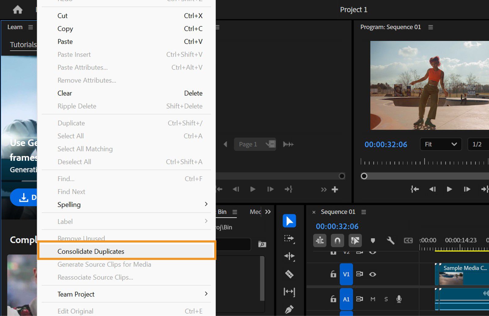 Il menu Modifica è aperto e dal menu è evidenziata l'opzione Consolida duplicati.Questo consolida i media e le cartelle duplicate che hanno lo stesso nome.