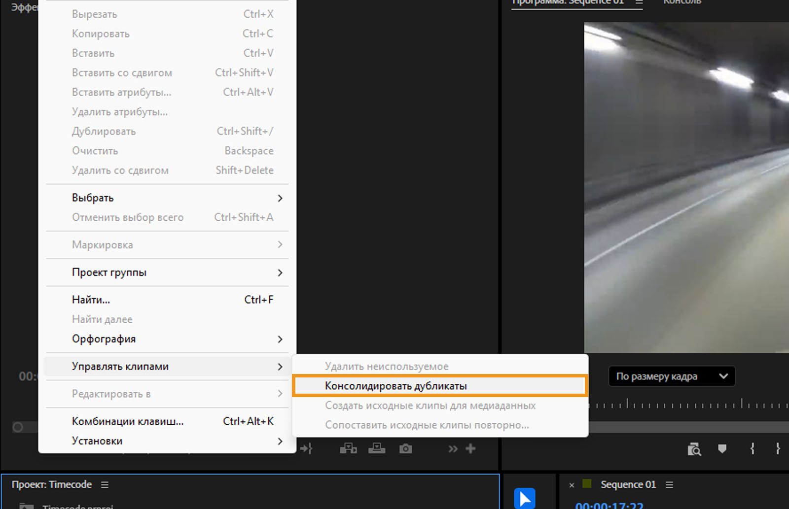 Открыто меню «Редактировать», и в нем выделен пункт «Консолидировать дубликаты». Это позволяет объединить дублирующиеся медиаданные и папки с одинаковыми именами.