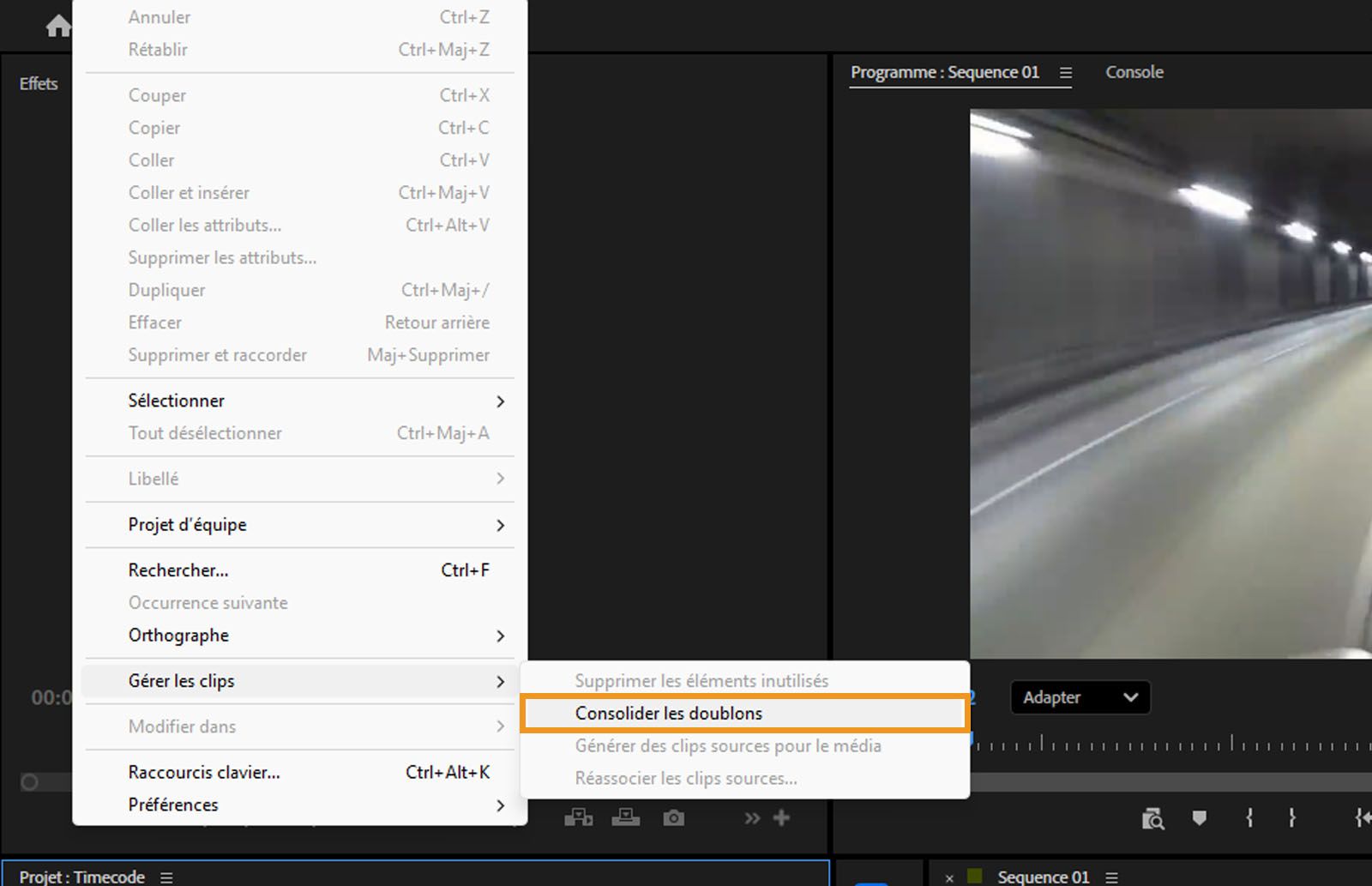 Le menu Modifier est ouvert, avec l'option Consolider les doublons mise en évidence.Ceci permet de consolider les médias et dossiers dupliqués portant le même nom.