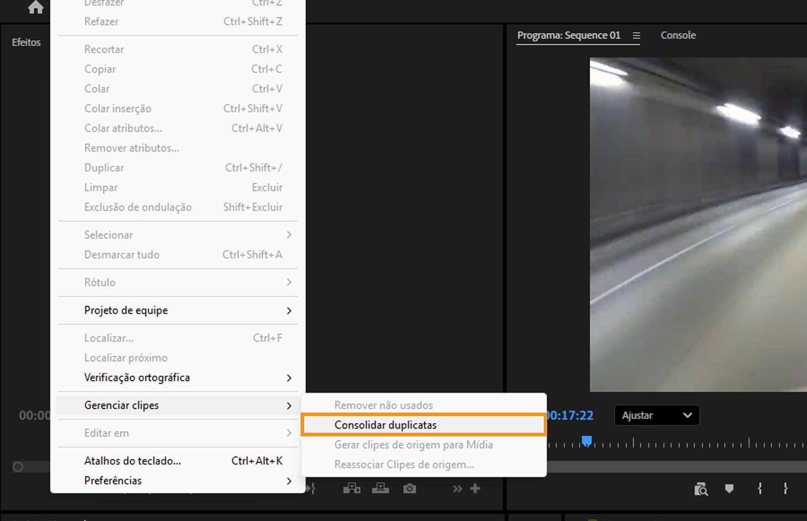 O menu “Editar” está aberto, com a opção “Consolidar duplicatas” está realçada. Isso consolida mídias e pastas duplicadas que têm o mesmo nome.