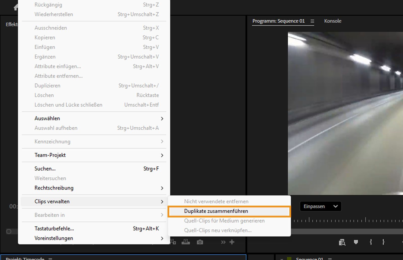 Das Menü „Bearbeiten“ ist geöffnet und die Option „Duplikate zusammenführen“ ist hervorgehoben. Du kannst doppelt vorhandene Medien und Ordner konsolidieren, die den gleichen Namen haben.