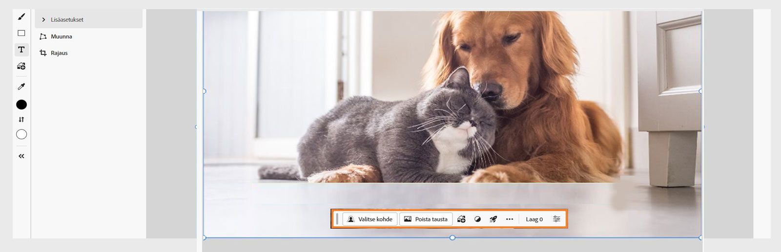 Photoshopin verkkoversion kontekstuaalisessa tehtäväpalkissa näkyy erilaisia vaihtoehtoja, kuten Valitse kohde, Poista tausta, Lisää kuva ja Käytä pikatoimintoja.