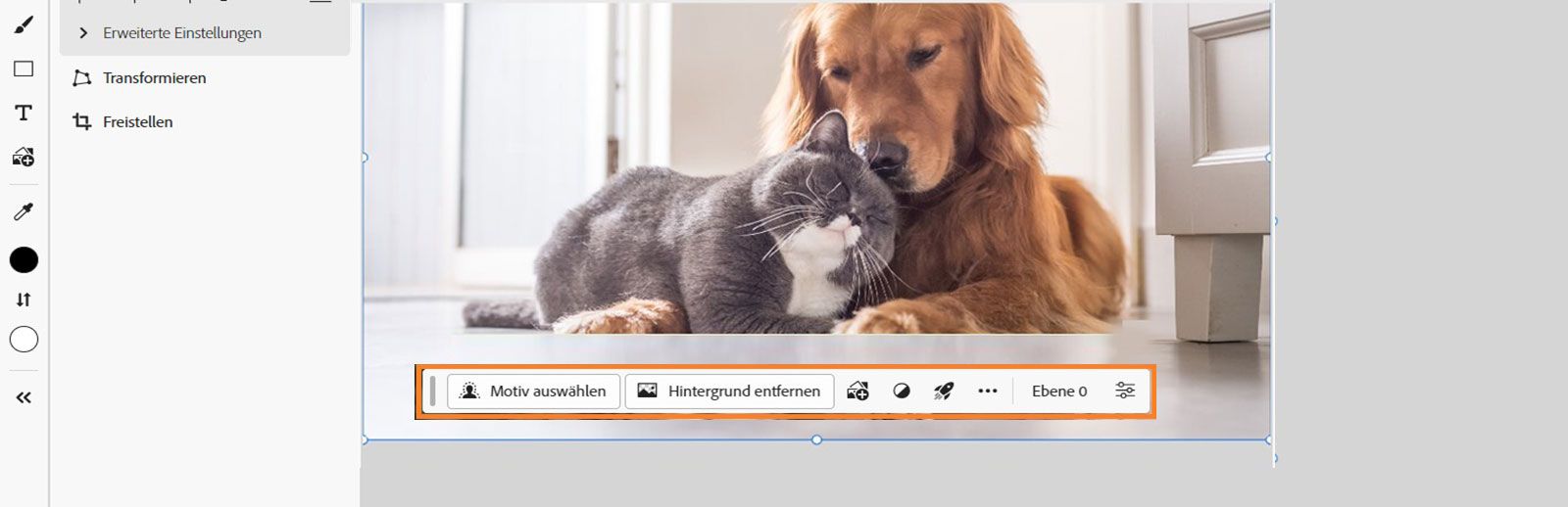 Die kontextbezogene Taskleiste in der Web-Version von Photoshop bietet verschiedene Optionen zum Auswählen von Motiven, Entfernen von Hintergründen, Hinzufügen von Bildern und Anwenden von Schnellaktionen.