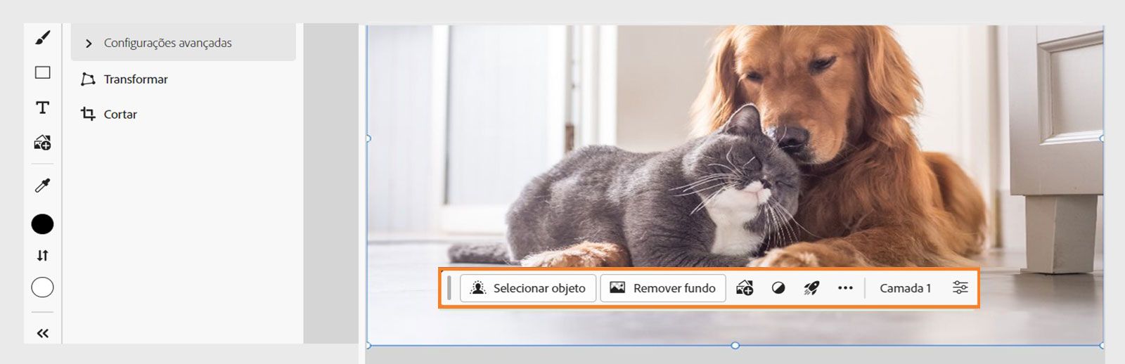 A barra de tarefas Contextual no Photoshop na Web oferece várias opções para Selecionar assunto, Remover fundo, Adicionar imagem e Aplicar Ações rápidas.