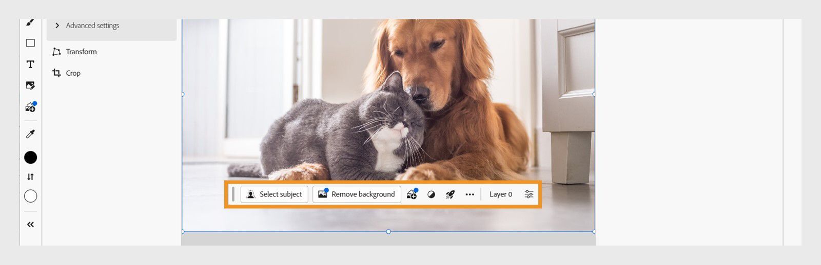 แถบงานตามบริบทใน Photoshop บนเว็บมีตัวเลือกต่างๆ ให้ใช้ เช่น เลือกหัวข้อ ลบพื้นหลัง เพิ่มรูปภาพ และใช้การดำเนินการด่วน