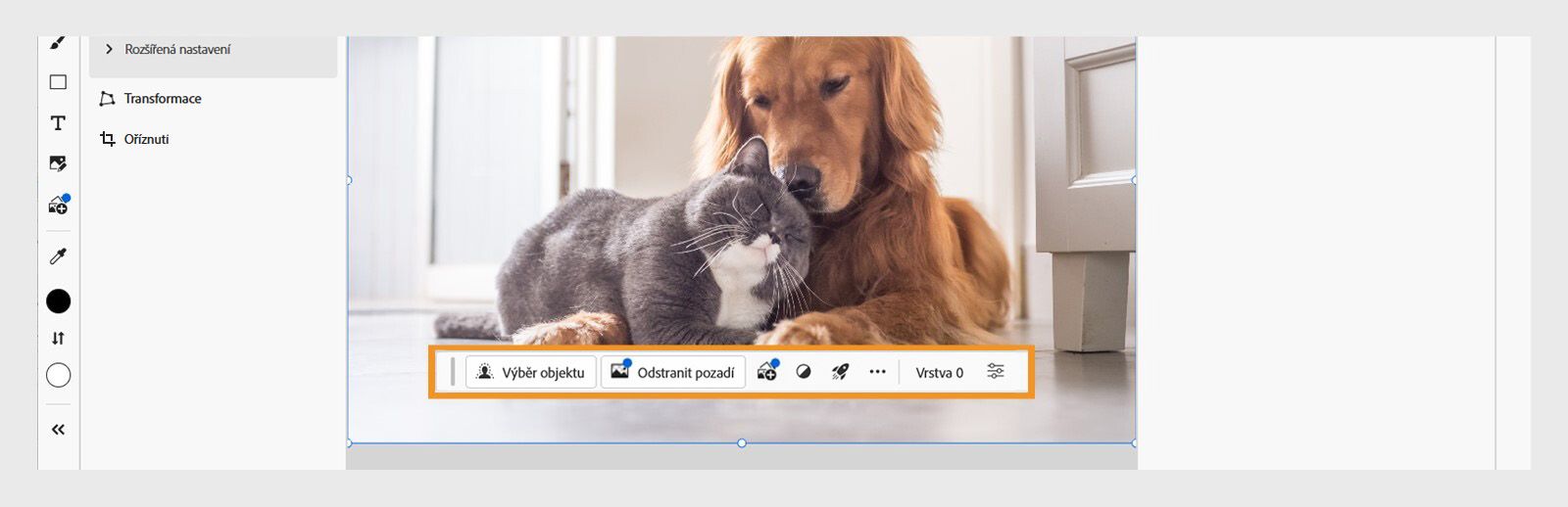 Kontextový panel úloh v aplikaci Photoshop na webu nabízí různé možnosti, jako Vybrat objekt, Odstranit pozadí, Přidat obrázek a Použít rychlé akce.