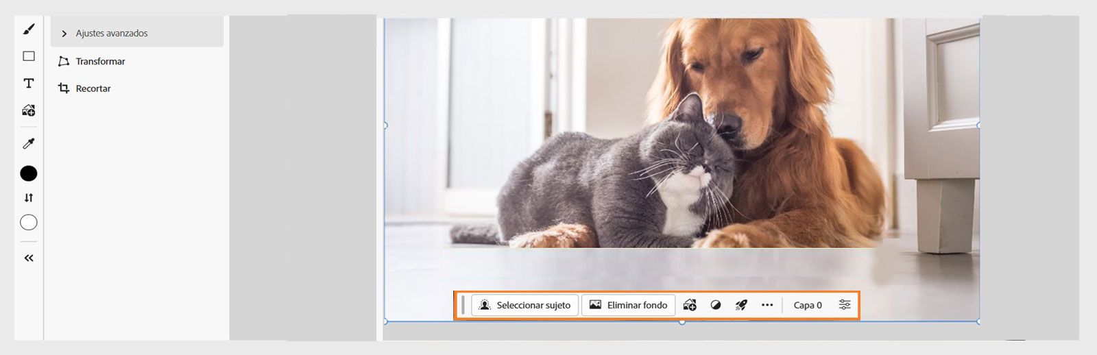 La Barra de tareas contextual de Photoshop en la web ofrece varias opciones para Seleccionar sujeto, Quitar fondo, Añadir imagen y Aplicar acciones rápidas.