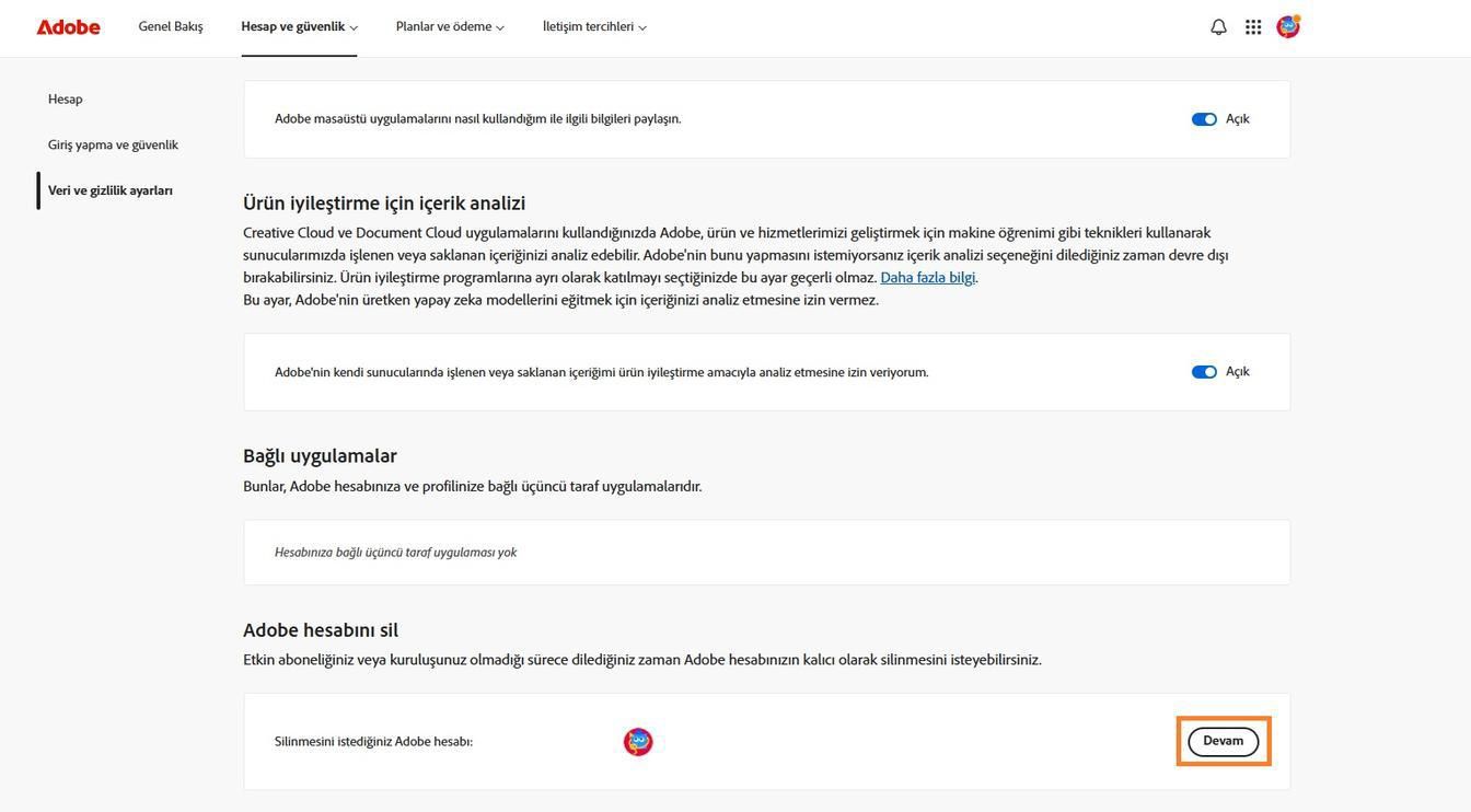 Adobe hesabını sil bölümünde hesap ayrıntılarınızın sağ tarafında bulunan Devam düğmesi, hesabınızı kalıcı olarak silmenizi sağlar.