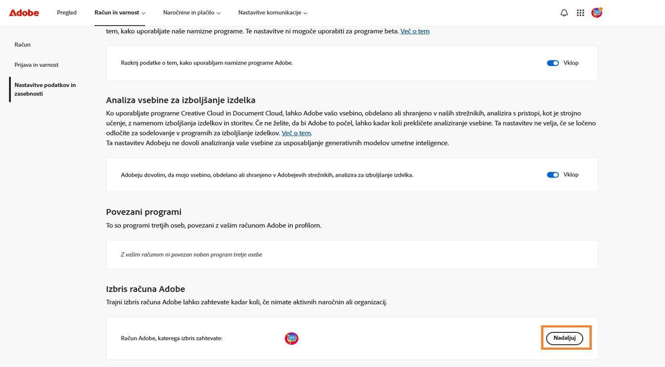 Gumb Nadaljuj, ki se nahaja desno od podrobnosti vašega računa v razdelku Izbriši račun Adobe, vam omogoča trajno brisanje računa.