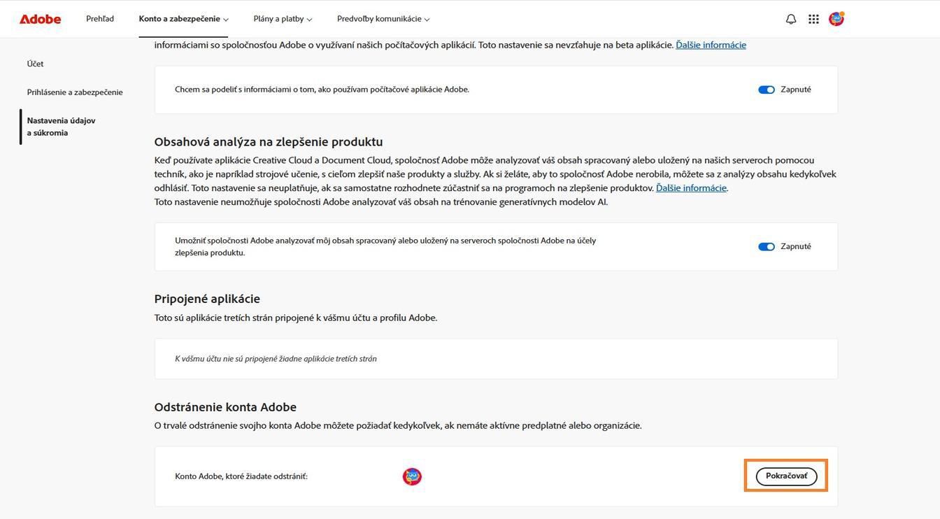Tlačidlo Pokračovať, ktoré sa nachádza napravo od údajov konta v časti Odstrániť konto Adobe, vám umožňuje natrvalo odstrániť konto.