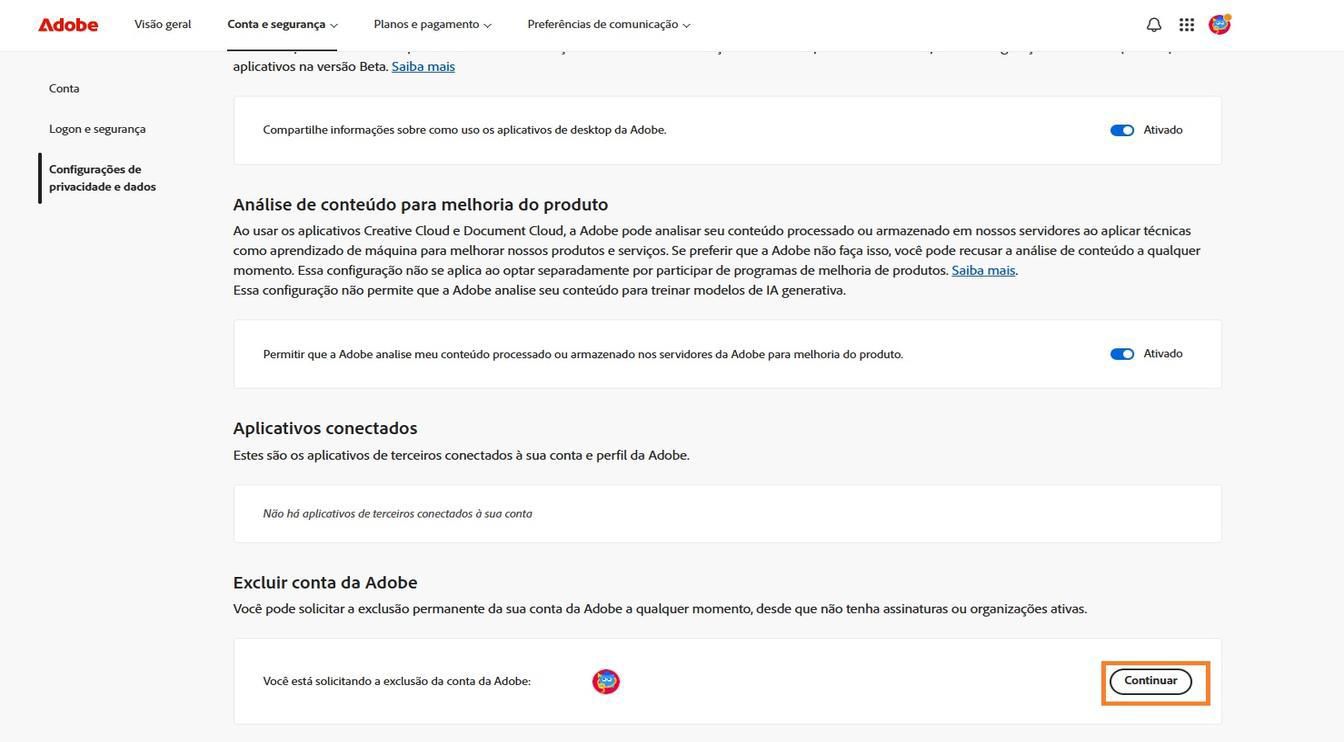 O botão Continuar, localizado à direita dos detalhes da sua conta na seção Excluir conta da Adobe, permite excluir permanentemente sua conta.